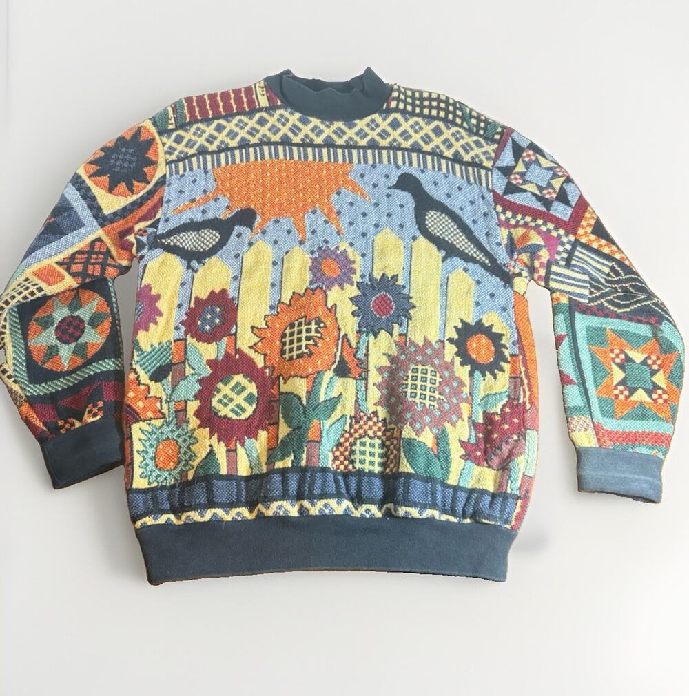 Sugar Street Weavers Vintage Tapestry Knit Scenic Sweater Sunflowers Crows OS